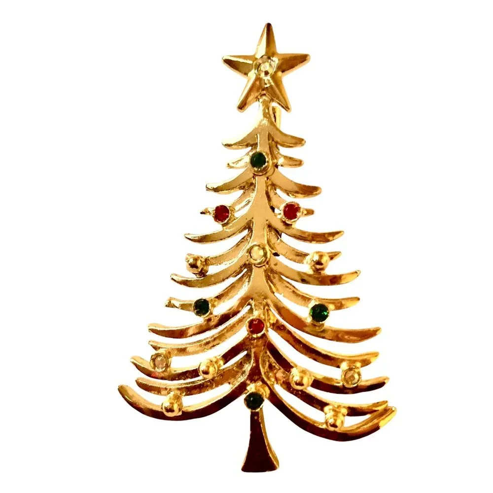 Tancer II Christmas Tree Brooch Vintage Signed Gold-tone Rhinestones
